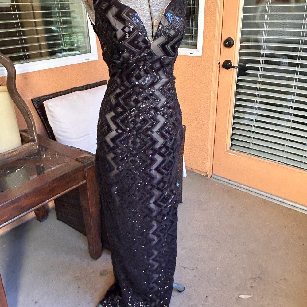 Windsor Black Sequin Lace Mesh Gown V Neck Prom Evening Long Maxi slit Dress 6